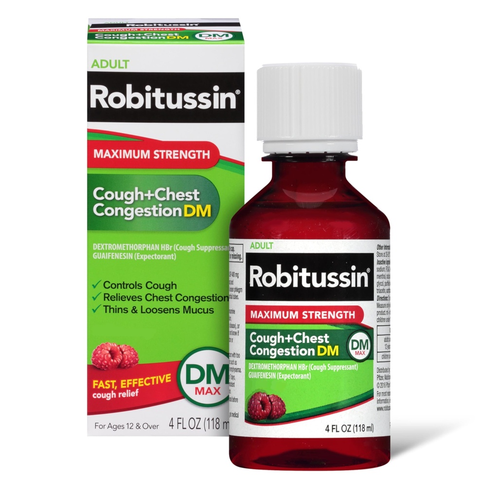 Robitussin Adulto Força Máxima Tosse + Congestão de Peito DM Max (4 fl. oz. Garrafa), Supressor de Tosse e Expectante, Framboesa sabor