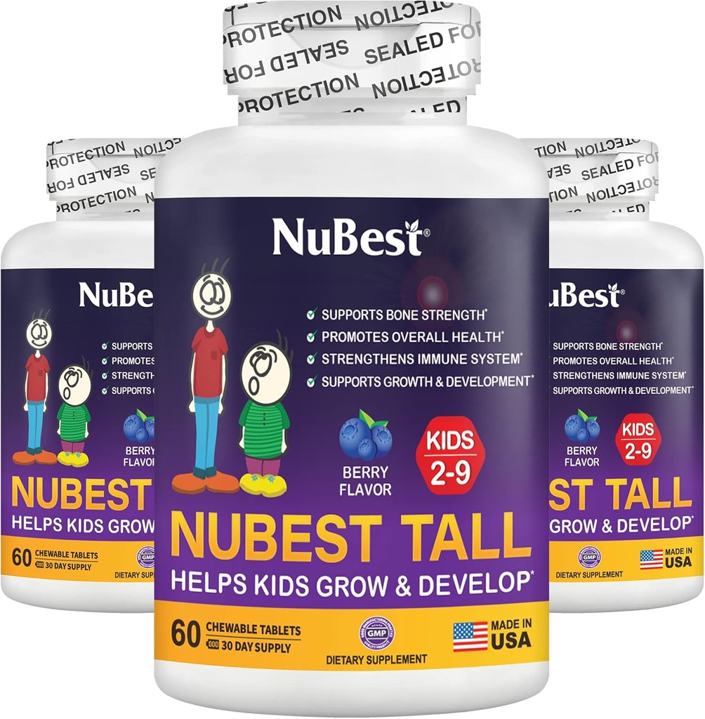 NuBest Tall Kids - Multivitamins & Minerals para Idade de 2 a 9 - Força óssea e suporte de imunidade - Ajuda crianças, crianças saudáveis - Formas animais - 180 comprimidos de cereja mastigáveis