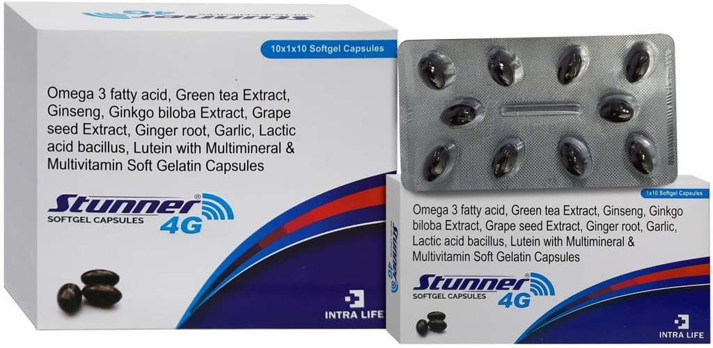 STUNNER-4G SOFTGEL CAPS inseng Extract Powder 42,5mg + Óleo de Germe de Trigo 25mg + Bioflavonoides Citrus 20mg + Extrato de Sementes de Uva 15mg + Carotenóides Misturados Natural (10% de dispersão)11.33mg + Extrato de Chá Verde