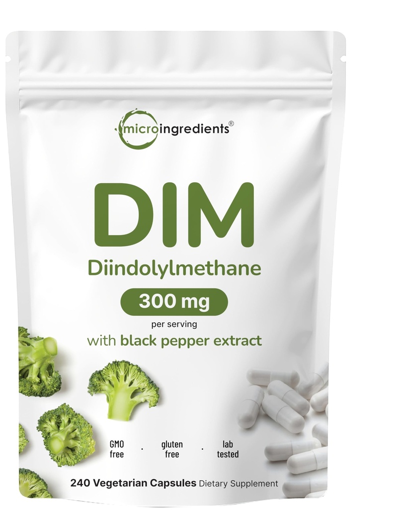 DIM Active Supplement, DIM 300mg, 240 Cápsulas Veggie (fornecimento de 8 meses), 2 em 1 Fórmula, Metabolismo de Estrogénio, Suplemento Extracto de Brócolos Premium DIM-Plus com Pimenta Preta para Melhor Absorção