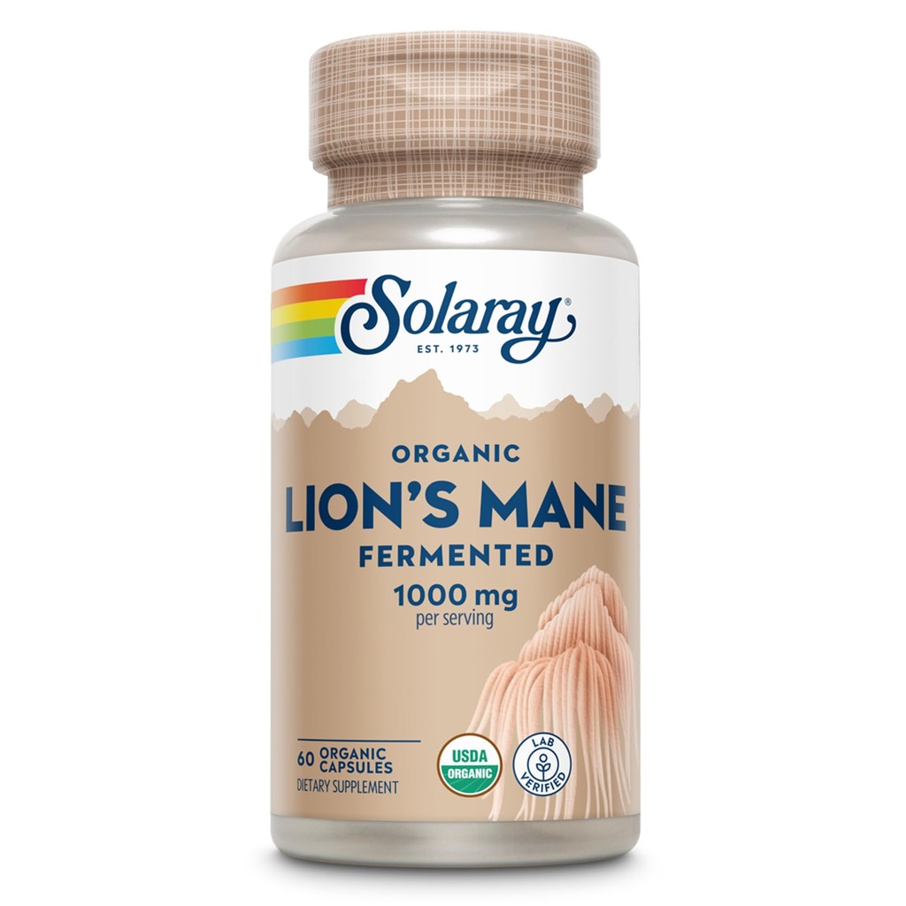 Cápsulas de Suplemento de Mane de Leões Orgânicos Solaray - Fornecendo 1000 mg de Cogumelos Orgânicos de Mane de Leão, Fermentado para Absorção Melhorada - Vegan, 60 dias de garantia, Lab verificado, 30 Servings, 60 VegCaps