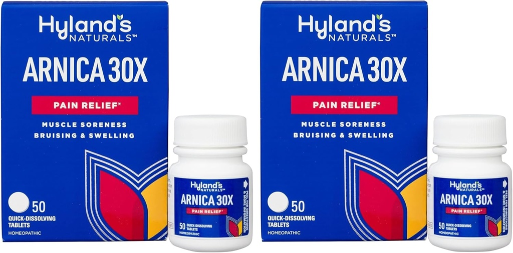 Hiland's Naturals Arnica Montana comprimidos 30x, alívio natural de contusões, inchaço e dor muscular, rápida dissolução comprimidos, 50 contagem (Pacote de 2)