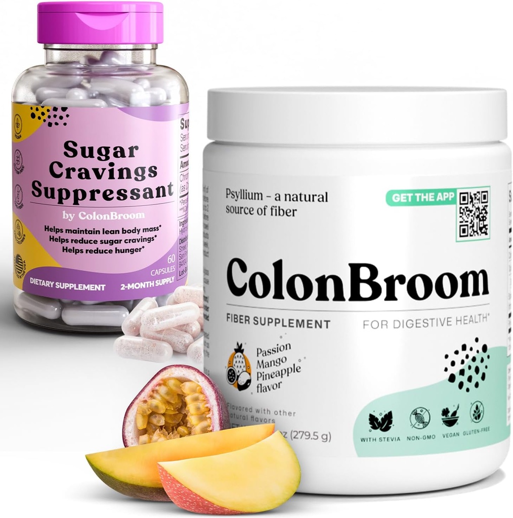 ColonBroom Psyllium Husk Powder Supressor de desejo de açúcar - Picolinato de Chromium 200mcg, 2 Itens - Colon Cleanser Fiber Supplement (50 Servings) + Supressor de Ansiedade de Açúcar (60 Servings)