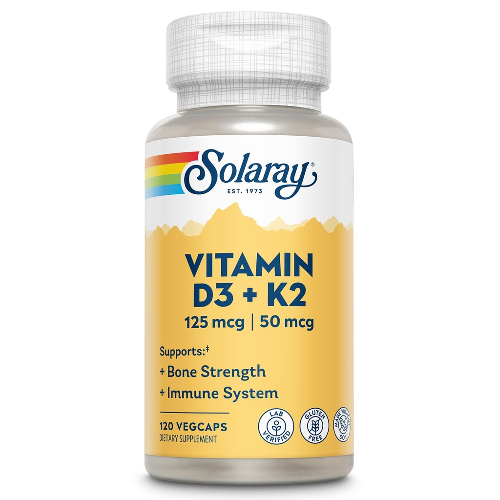 SOLARAY Vitamina D3 K2 - Saúde óssea e Imune Suporte Suplemento - Com 5000 UI Vitamina D como Vit D3 e 50 mcg Vitamina K2 como Menoquinona MK7, Feito sem soja, 60-Dia Garantia, 120 Serv, 120 VegCaps