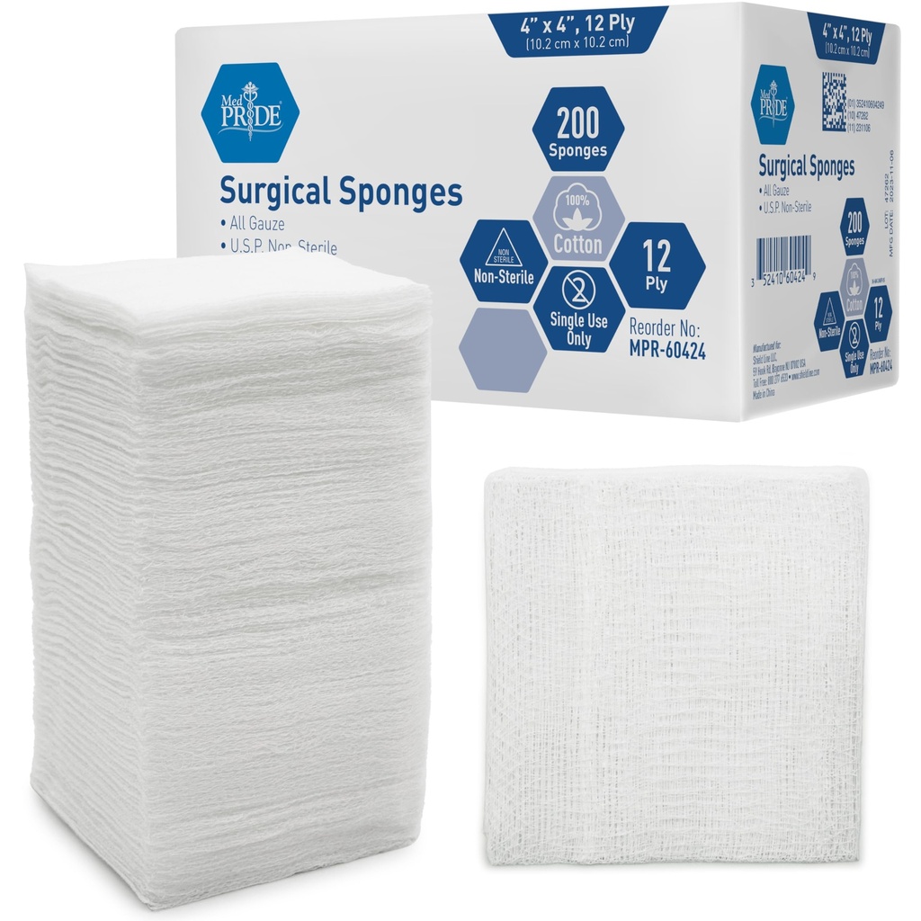 MED PRIDE 4”x 4” Gauze, 200 esponjas cirúrgicas 12-ply Absorvente extra □ All-Gauze, Non-Sterile; Ótimo para vestir feridas, preparar, esfregar e limpar .