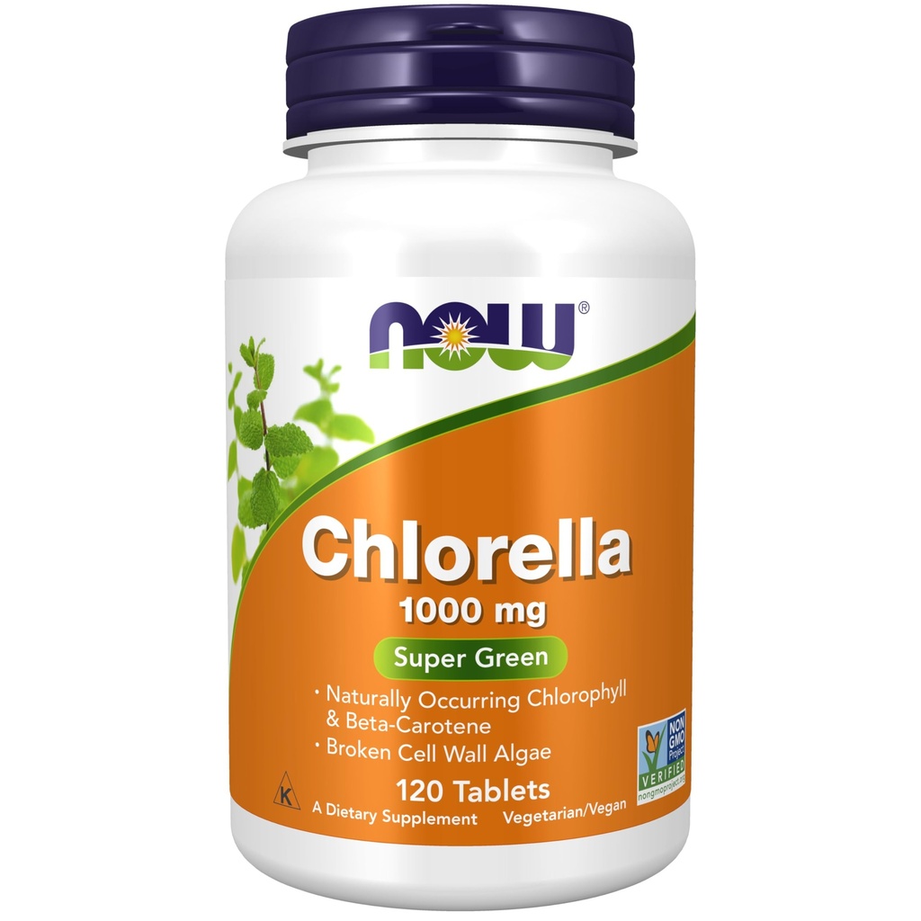 NOW Alimentos Suplementos, chlorela 1000 mg com clorofila natural, beta-caroteno, carotenóides mistos, vitamina C, ferro e proteína, 120 comprimidos