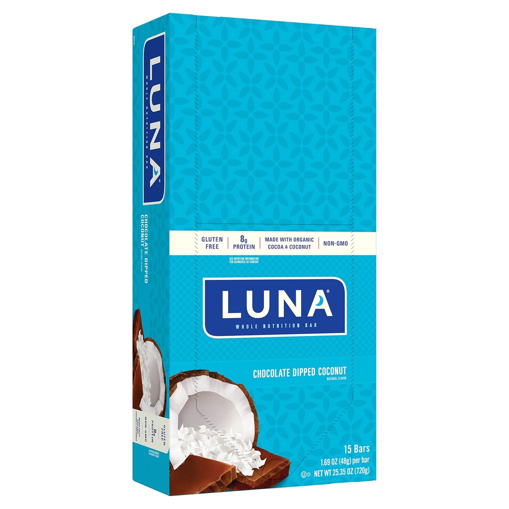 LUNA BAR - Lanchonete sem glúten - Chocolate Mergulhado sabor de coco -8g de proteína - Não-GMO - Lanchonete saudável com base em plantas - No Go Snacks (1.69 Ounce Snack Bars, 15 Conde)