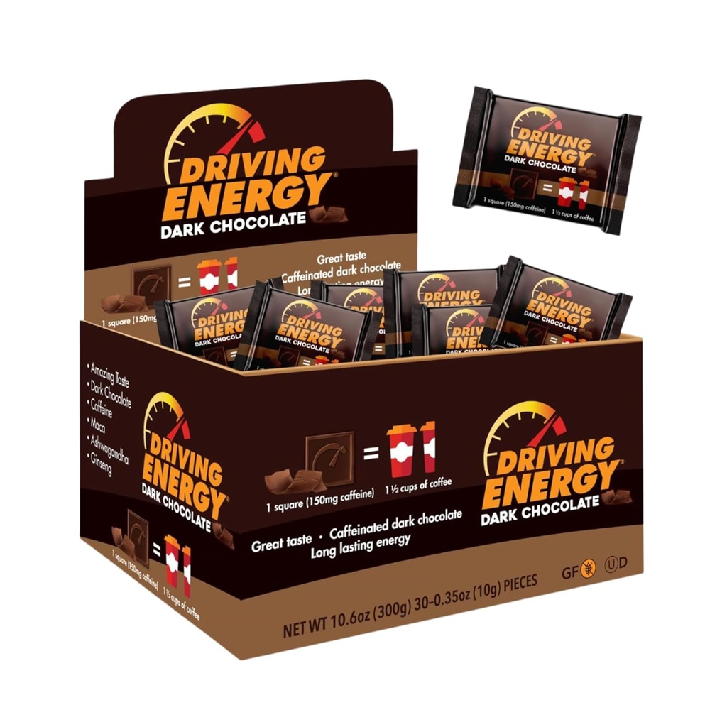 Energia de Condução - Tamanho de Mordida de Energia Cafeinada - Combustível de Chocolate Escuro com 150mg de Cafeína - Longo-Lasting para Ginásio, Exercício, Adultos - Grande Gosto - Baixo Carbo - Snack saudável - 30 Conde