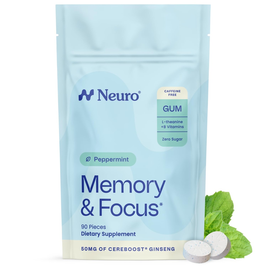 Neuro Memória & Concentração Gum - Gum Nootrópico com Vitamina B12, Vitamina B6, L-Theanina & Ginseng Extract - Natural Cérebro Suporte Suplemento - Vegan, Cafeína & Açúcar mastigação grátis - Pimenta, 90 ct