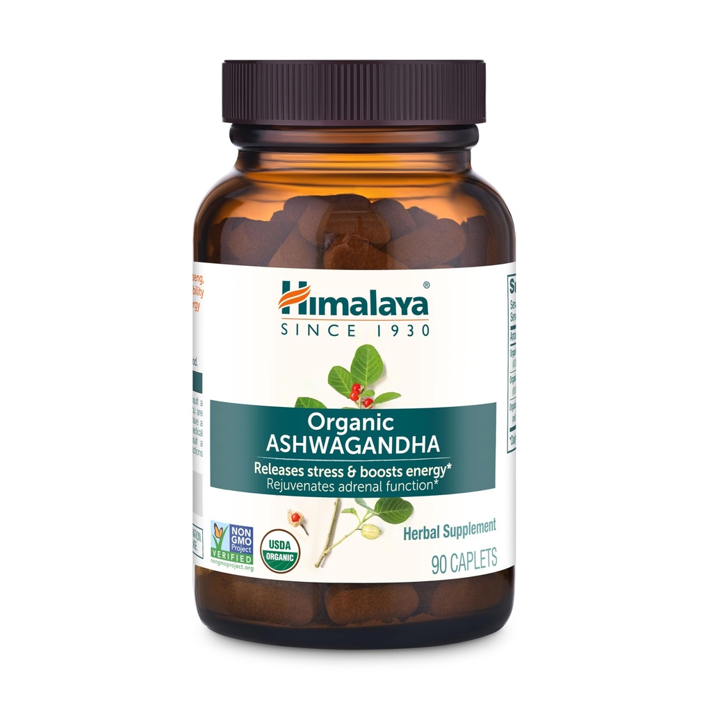Himalaya Organic Ashwagandha, fornecimento de 90 dias, suplemento de ervas para alívio do estresse, suporte energético, falta de sono ocasional, USDA Certified Organic, Non-GMO, Vegan, Gluten Free, 670 mg, 90 Caplets