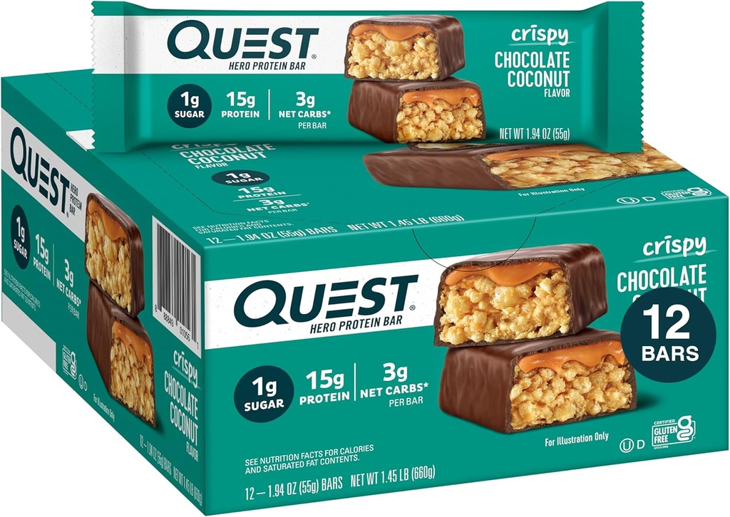 Quest Nutrition Crispy Chocolate Coconut Hero Protein Bar, 15g Protein, 1g de açúcar, 3g de carboidratos líquidos, Lanche de proteína sem glúten, Keto Friendly, 12 Count
