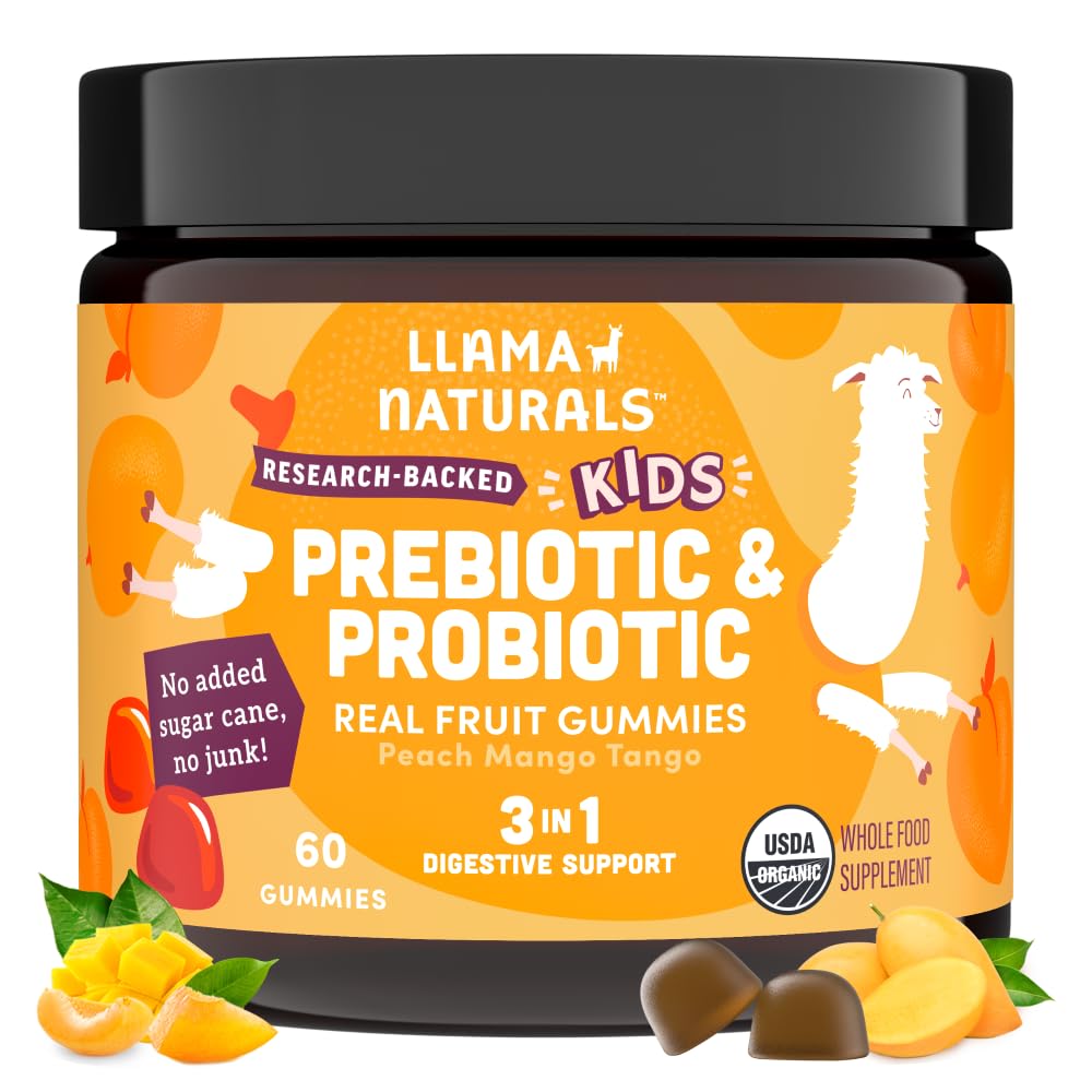Llama Naturals Crianças Probiótico com Fibra Prebiótica, Vegan, Prebióticos Orgânicos e Gummies Probióticos para Gut Health Support, Toddler verdadeira fruta Gummy Vitaminas, Não adicionado cana de açúcar, Mango de pêssego, 60 Ct