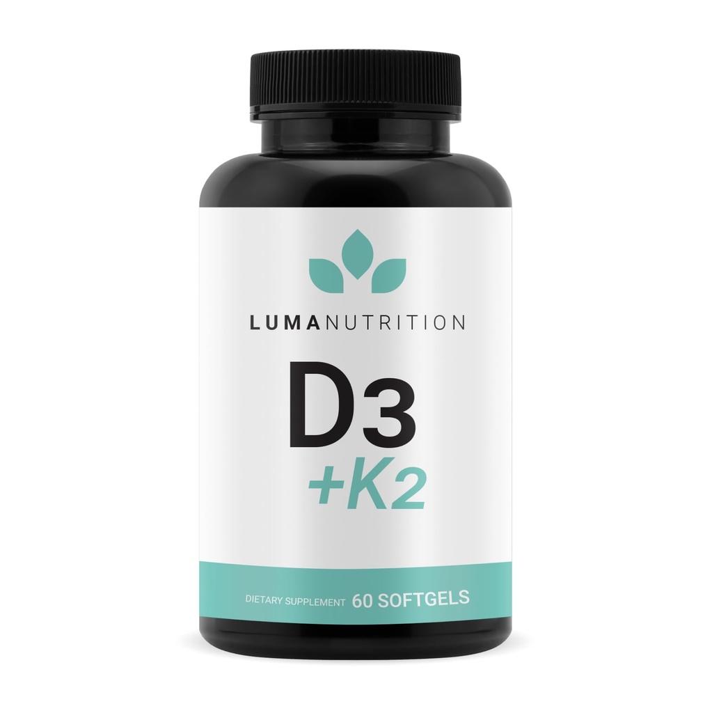 Luma Nutrition D3 + K2 Vitamina 10000 UI - Suplemento de Saúde Óssea e Cardíaca - Suporte Imune de Força Máxima e Absorção de Cálcio - 60 Softgels