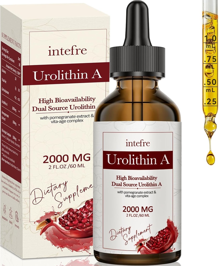 Urolitina Um líquido gotas 2000mg, Urolitina Um suplemento com extrato de romã, Vita-Age Complexo, Suporta Envelhecimento saudável e reparação de células, 60ml