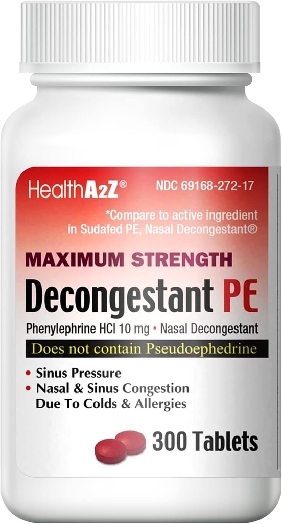 HealthA2Z® Descongestionante PE – Phinelephrina HCl 10 mg – Força Máxima – Alivio de Congestão Nasal e Sinus Devido ao Frio e Alergias (300 Contagem (Pacote de 1))