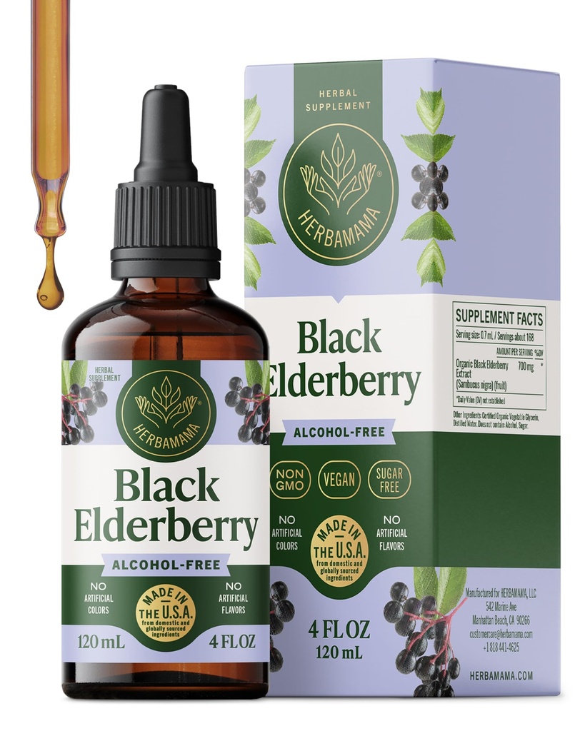 HERBAMAMA Black Elderberry Drops - Vegan Elderberry Extract líquido para apoio imunológico - Não-GMO, álcool e açúcar-livre Imunidade Suplemento, 42-Dia de fornecimento