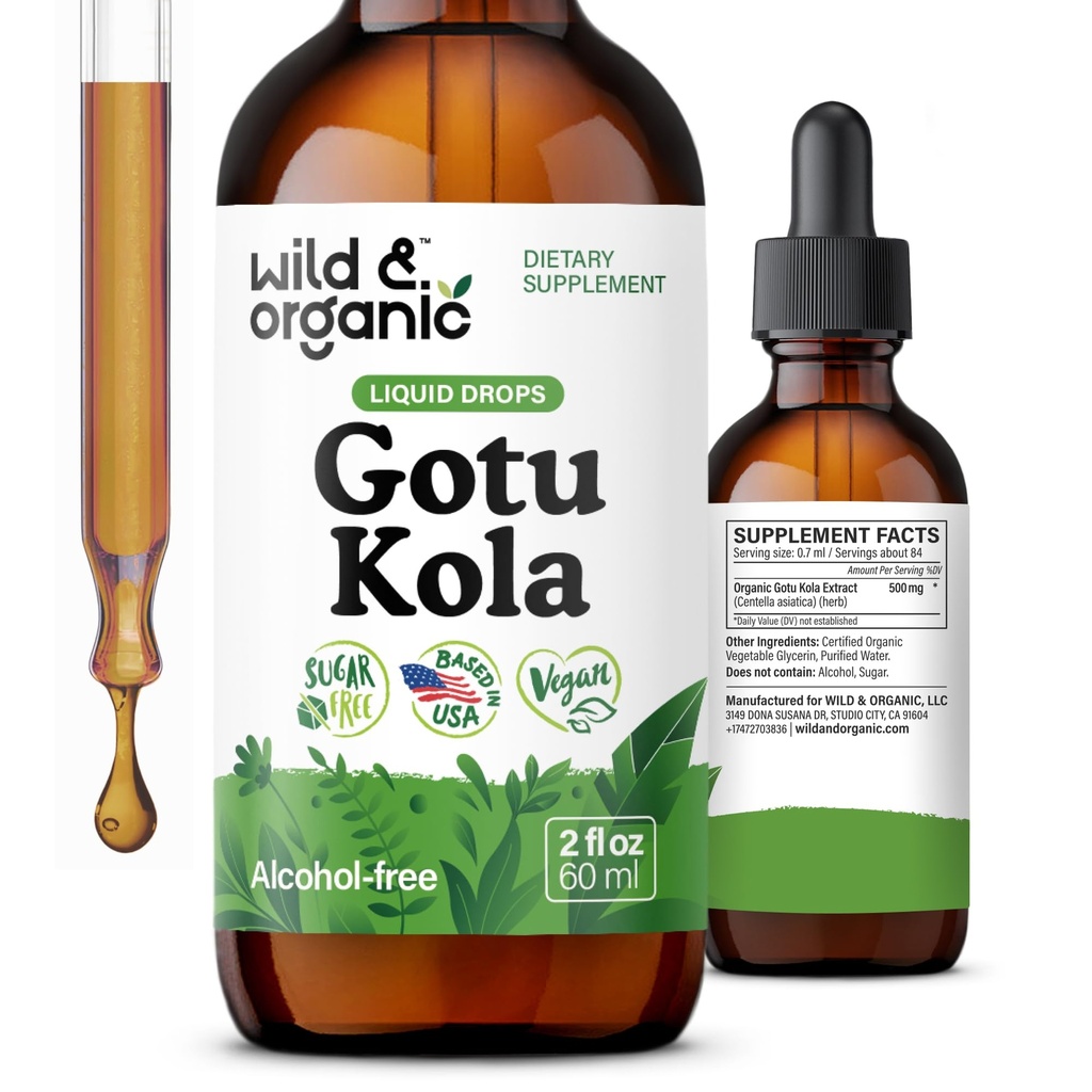 Selvagem & orgânica Gotu Kola Herb Tintura - Suporte ao cérebro - Gotu Kola líquido Extract Drops - Vegan, Açúcar & Álcool-Free Centella Asiatica Suplemento - 2 fl oz