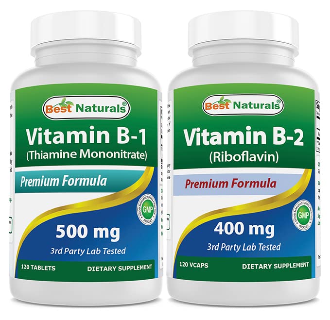 Melhores naturais Vitamina B1 como mononitrato de tiamina 500 mg e vitamina B2 (Riboflavina) 400mg