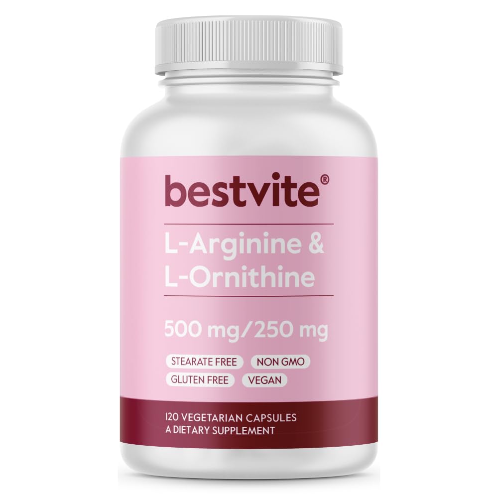 BESTVITE L-Arginina L-Ornitina 500-250 (120 Cápsulas vegetarianas) - Sem estearatos - Sem preenchimentos - Vegan - Não OGM - Sem glúten - Sem silicato de cálcio