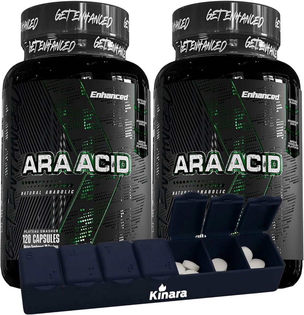 Atleta melhorado - Suplemento de ácido araquidônico - Suplemento muscular e de força para aumento da massa muscular e recuperação melhorada para homens e mulheres (120 cápsulas) - 2 Pack com Kinara Pill Organizador
