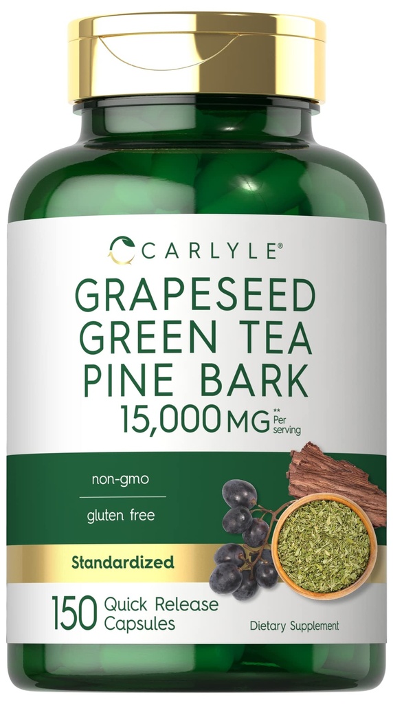 Carlyle Grapeseed, Green Tea, Pine Bark 15,000mg 150 Cápsulas Não-GMO e Suplemento sem glúten