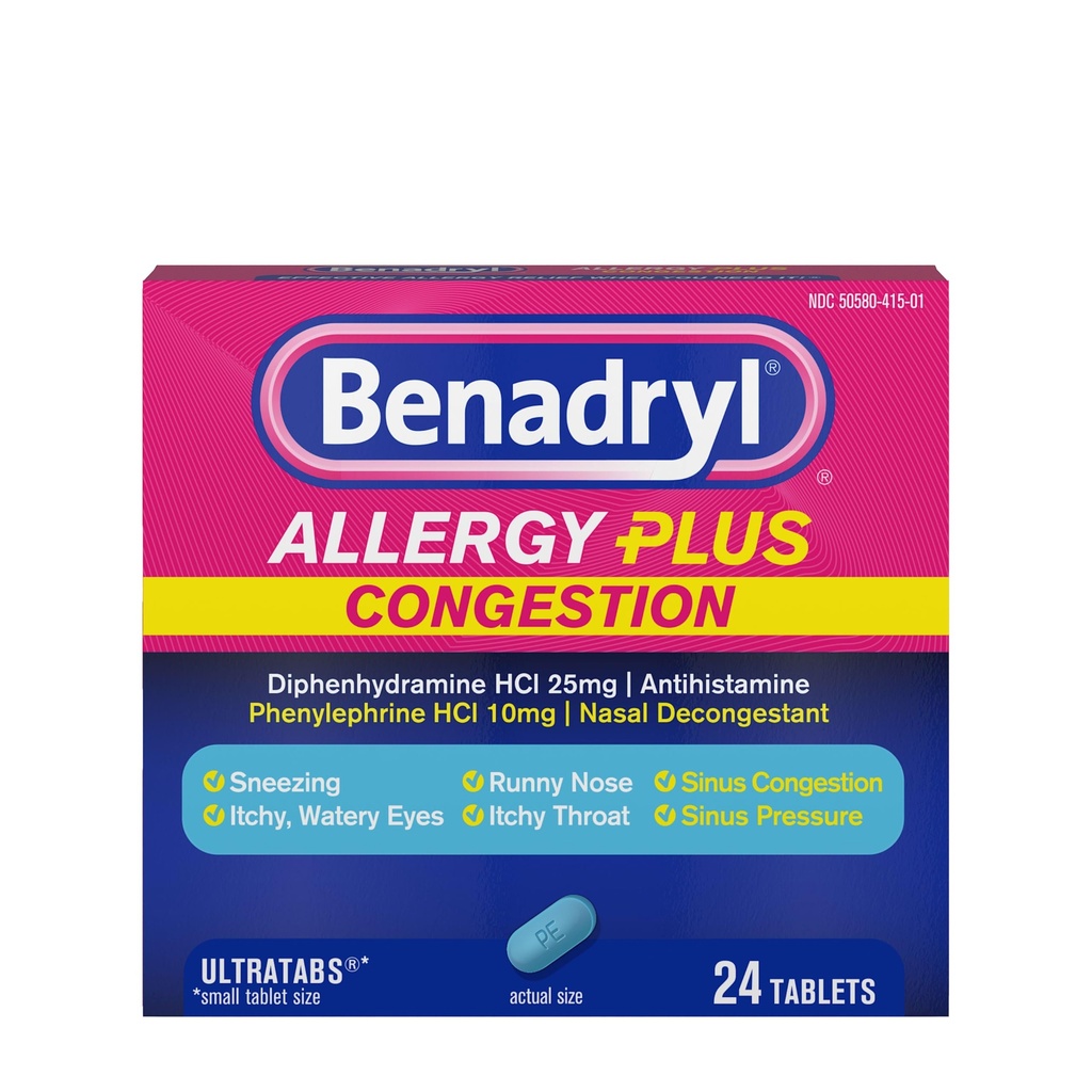 Benadril Alergia Plus Congestion Ultratabs, Medicina com Difenidramina HCl Anti-histamínico e fenilefrina HCl Nasal Descongestionante, Alergia & Sinus Congestion Relief Tablets, 24 quilates
