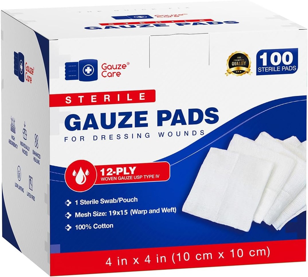 100pc Amplas de gaze esterilizadas 4x4 Estérile para feridas em massa - 12ply Gaze Esponjas 4x4 Estérile - USP IV Mesh respirável 4x4 Gaze Pads Estéril para Absorção Melhorada - Primeiros Socorros Médico