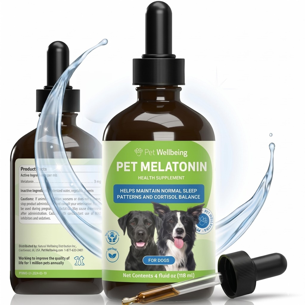 Pet Bem-estar Pet Melatonina para cães - Vet-Formulated Holistic Apoio ao Sono - Padrões de sono saudáveis, equilíbrio de ritmo circadiano - Suplemento de Melatonina líquida - Feito para cães 4 oz (59ml)