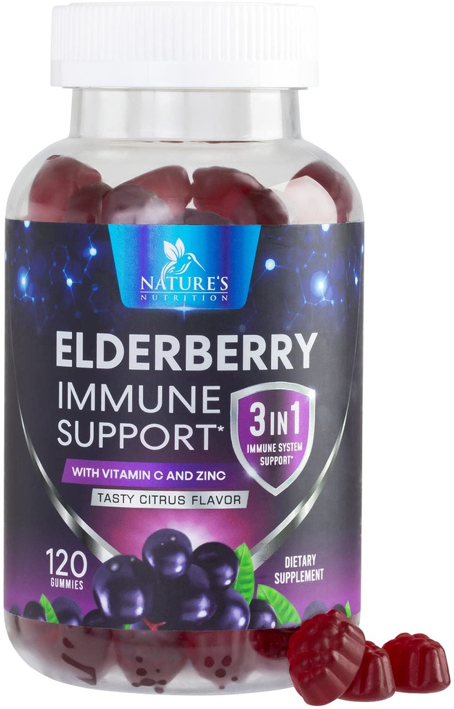 Elderberry Gummies com Vitamina C, D3 e Zinco - Gummy Apoio Imune para Crianças e Adultos, Black Elderberry Extract Gummy Imune Health Supplement, Black Elder Berry Vitamina - 120 Gummies