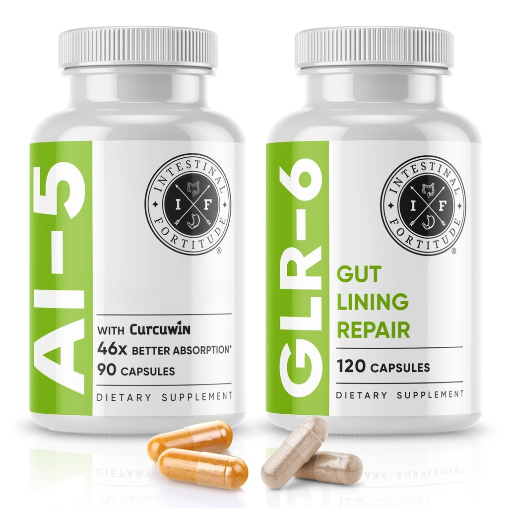 Fortitude intestinal AI-5 & GLR-6 Suplemento de Saúde Digestiva Bundle w/Glutamina, Açafrão, Curcumina para Gut Health Capsule Supplement & Support Digestive Health, Non-GMO, Dairy Free - 30-Dia Fornecimento