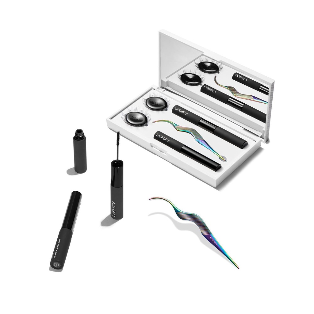 Kit de controle Lashify - Conjunto completo de iniciador DIY Eye Lash - Amplificar Gossamer Black 10mm, 12mm, White Travel Case, Varinha Petite