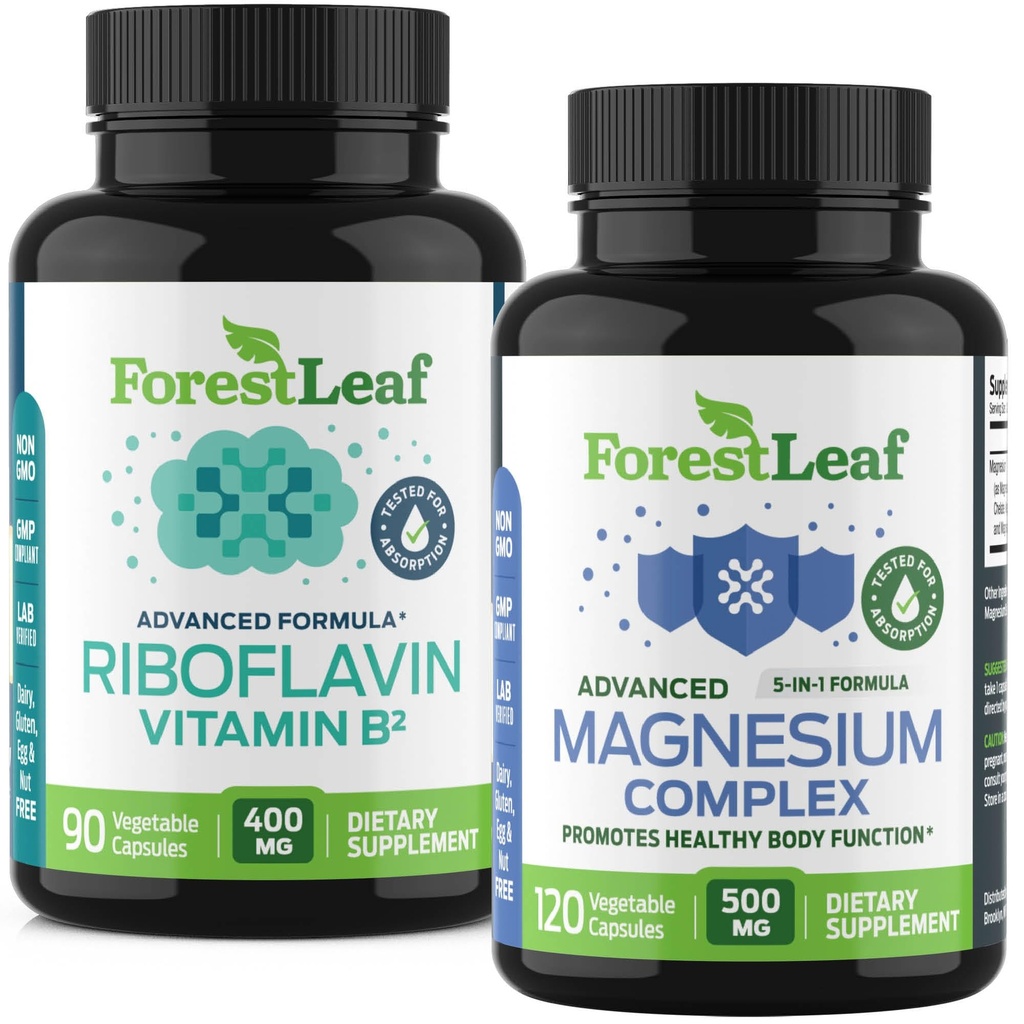 ForestLeaf Riboflavina & Magnésio Migraine Supplement - Riboflavina 400mg para alívio da dor de cabeça - Ultimate Magnésio Bundle com B2 Vitamina 400mg para cápsulas de alívio da enxaqueca