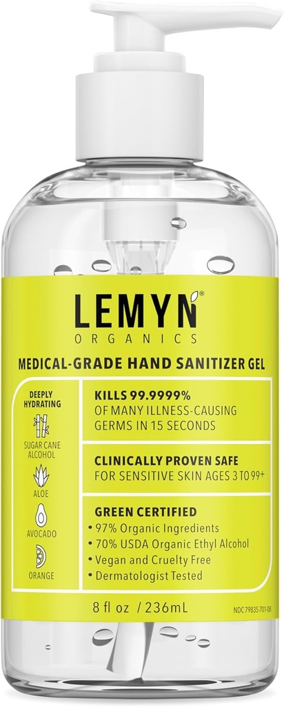 Gel higiénico para mãos – 97 % Orgânico – 70 % Álcool etílico da USP – Hidratante Aloe + Ácido hialurónico – Recém-feito nos EUA