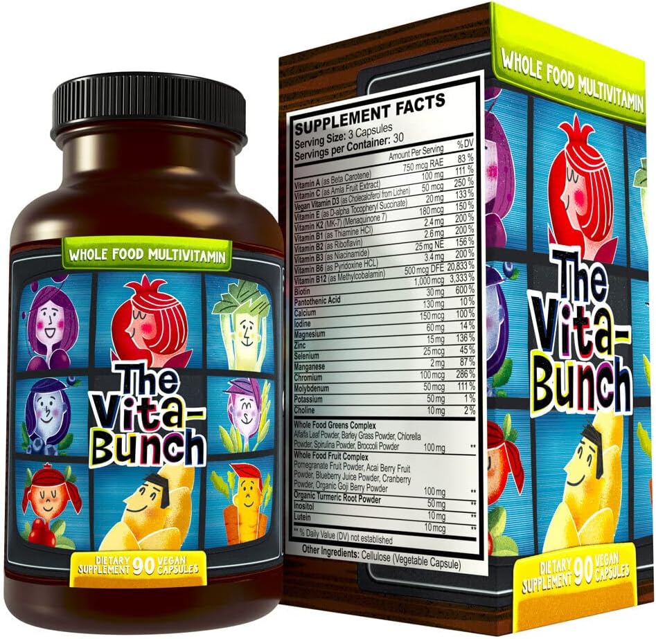 Alimentos inteiros Multivitamin Fruit & Super Verdes All-in-one Vitamina Complex, 90 Cápsulas Vegan - Vitamina diária para mulheres e homens - Ferro, Zinco, B12, Vitamina A, D3 e mais