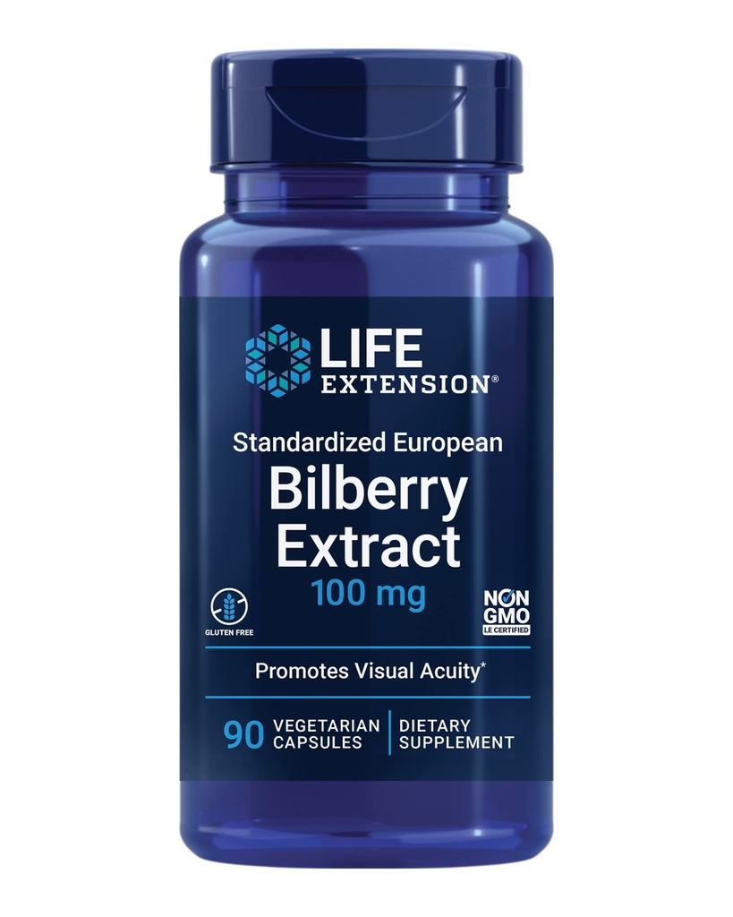 Extensão de Vida Extrato de Bilberry europeu padronizado, 100 mg, MirtoSelect® Vaccinium myrtillus, Saúde dos olhos, Circulação, Lubrificação, Sem glúten, Não-GMO, Vegetariano, 90 Cápsulas
