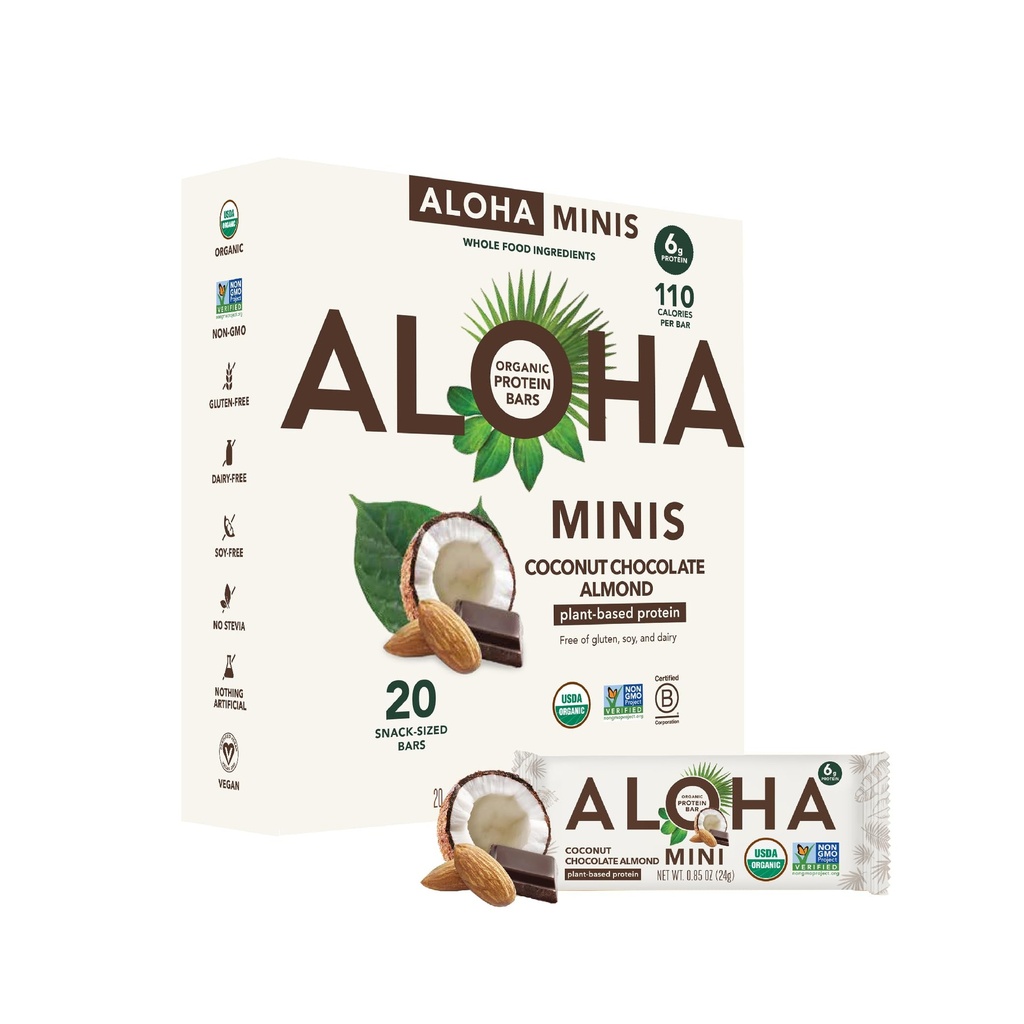 ALOHA Organic Plant Based Protein Bar MINIS □Amêndoa de Chocolate de Coco, 24g Bares Vegan, Baixo Açúcar, Glúten Livre, Paleo, Baixo Carbo, Não-GMO, Stevia Livre, Soy Livre, Sem Álcoois de Açúcar