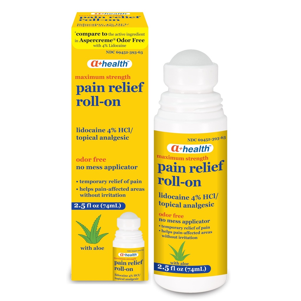 A+Health Pain Relief Roll-On Liquid, Lidocaína 4%, Odor Livre, Dor Máxima Força + Itch Relief com Aloe, Made in USA, 2,5 fl Ounces