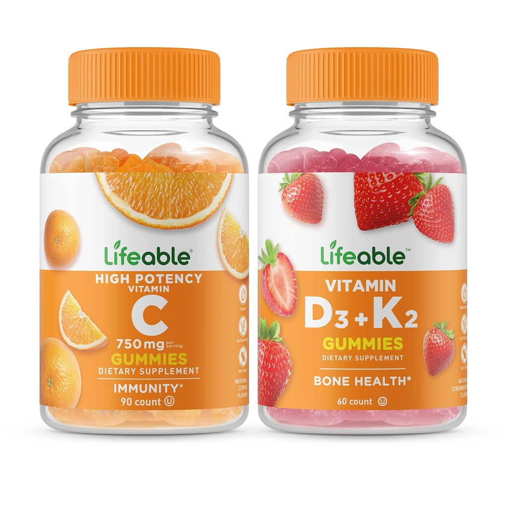 Vitamina C vitalável 750mg + Vitamina D3 + Vitamina K2, chicletes Bundle - Grande degustação, Suplemento Vitamina, Gluten Free, GMO livre, chiclete mastigável