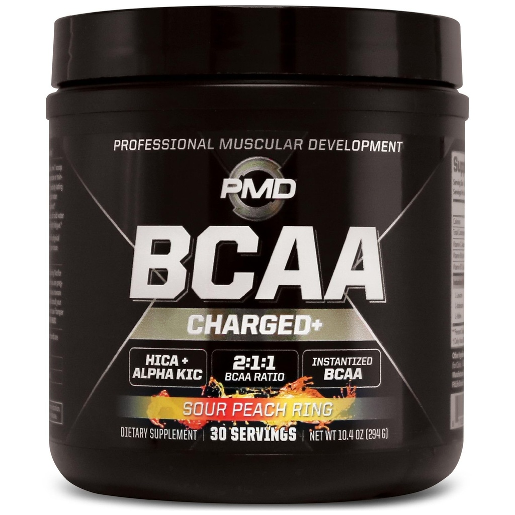PMD Sports BCAA Charged Delicious Amino Acid Drink Mix para desempenho e recuperação - Aumentar a função muscular para treino e energia diária - Anel de pêssego azedo (30 Servões)