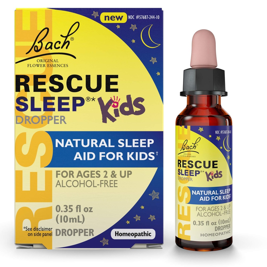Bach RESCUE Sleepe Kids Dropper 10mL, Sono natural e alívio do estresse ajuda, Essência de flores homeopáticas, livre de melatonina, açúcar e glúten, Kid-friendly, Fórmula não alcoólica