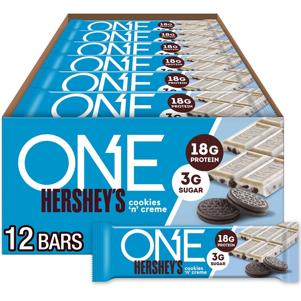ONE Protein Bars, Hershey's Cookies 'n' Creme, Gluten Free com 18g de proteína e 3g de açúcar, Pantry Staples, 2.12 oz (12 contagem)
