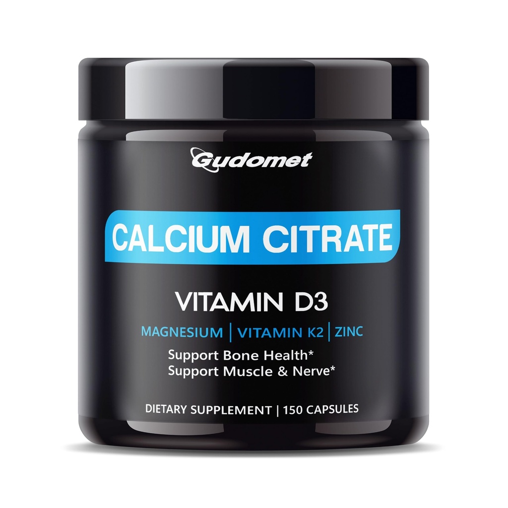 Citrato de cálcio de alta absorção com vitamina D3 & K2 - Suporta Saúde Óssea, Músculo e Nervo - 150 Cápsulas, Feito nos EUA