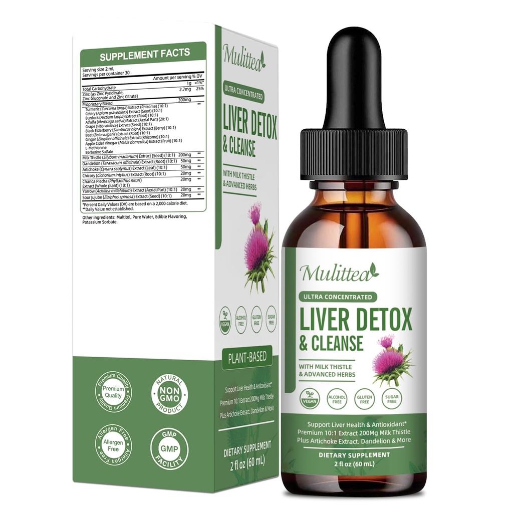 Saúde do fígado e gotas de drenagem linfática -Suporte Liver Cleanse Detox & Repair com extrato de alcachofra do leite de silymarin, Dandelion,Turmeric, Berberine para renovar w/21 Potent Herb-Nutrientes-60ml