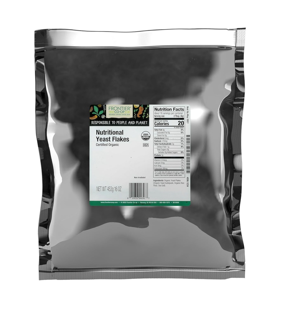Frontier Co-op Flakes de Levedura Nutricional Orgânica, 16 Oz, Bolsa em massa - Vitaminas B Essenciais, Não Irradiadas, Levedura Kosher - Queijo Parmesão Substituto