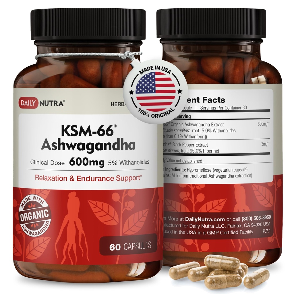 DailyNutra KSM-66 Ashwagandha 600mg Extrato Orgânico de Raiz - Suplemento de alta potência com 5% de Withanolides Alivia Cansaço, Suporta Relaxamento, Foco, Energia e Crescimento Músculo (60 Cápsulas)