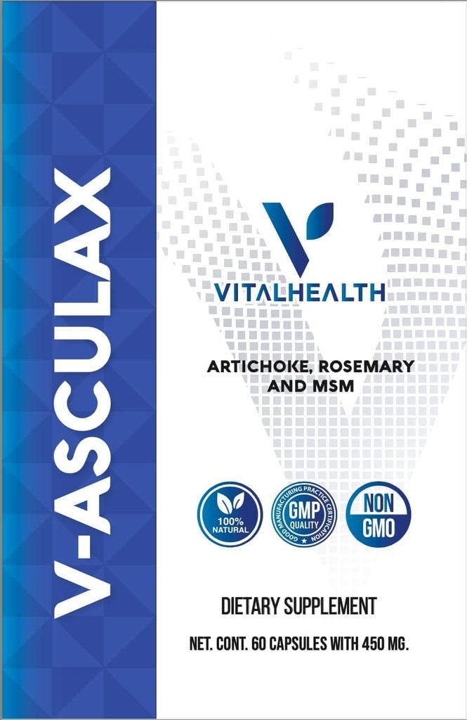 Vital Health V-Asculax Circulation Support – Saúde do coração, fluxo de sangue, retenção de líquidos e circulação arterial – Fórmula de ervas naturais com Bruxa Hazel, Rue, Alcachofra, Rosemary, HSH & Horsetail