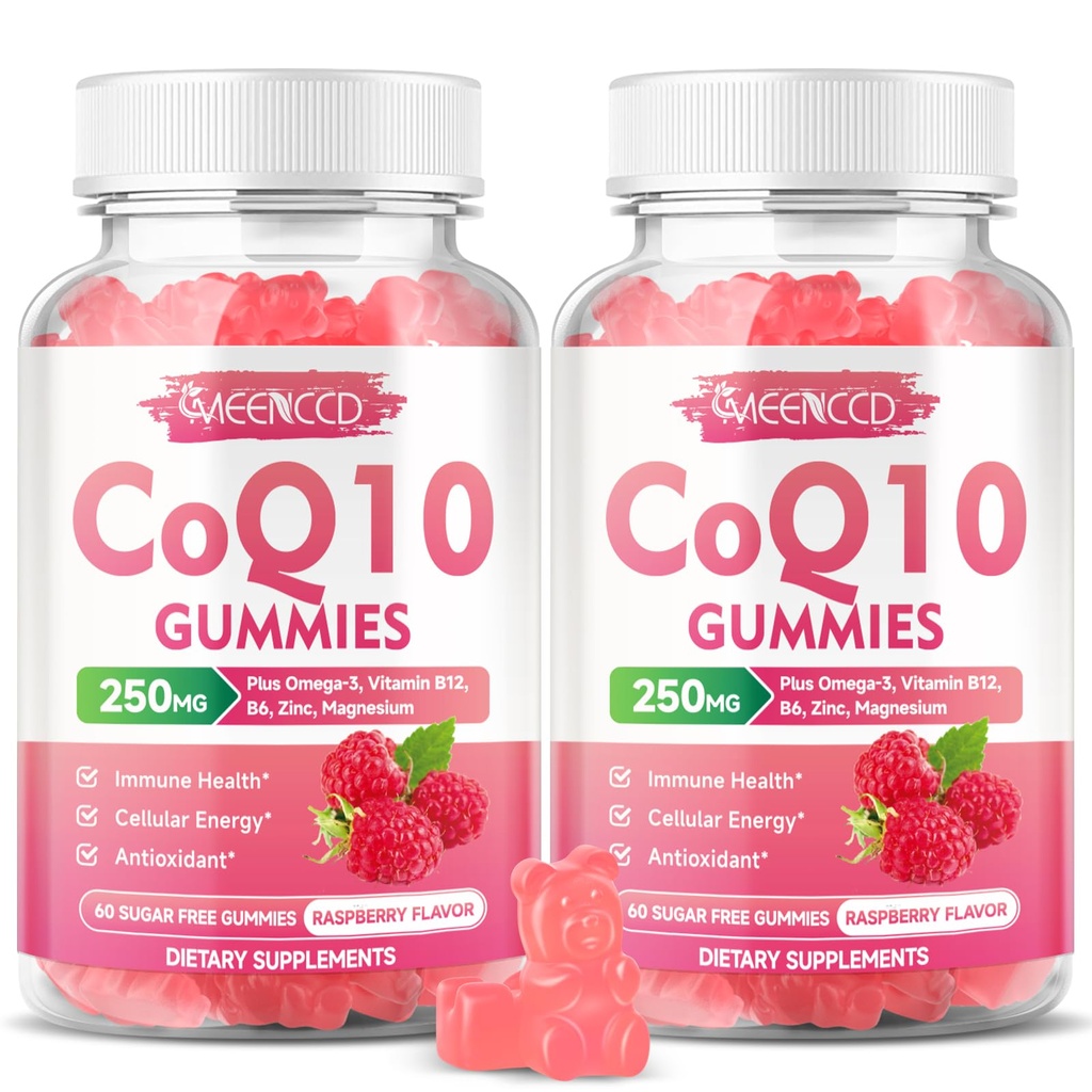 Açúcar-livre CoQ10 chicletes 250mg, Coenzyme Q10 Suplementos Plus Omega-3, Vitamina B6 & Zinco, alta absorção CoQ10 Suplemento para energia celular e suporte antioxidante, Framboesa sabor, Vegan 120Cts