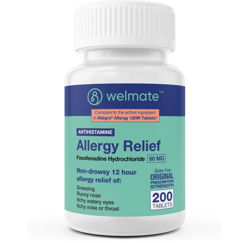 WELMATE - Alergia Alívio - Fexofenadina HCl 60 mg - 12 horas Anti-histamínico não-drowsy - espirros - Nariz Runny - Comichão olhos, nariz & garganta - Alergia alívio comprimidos - 200 contagem