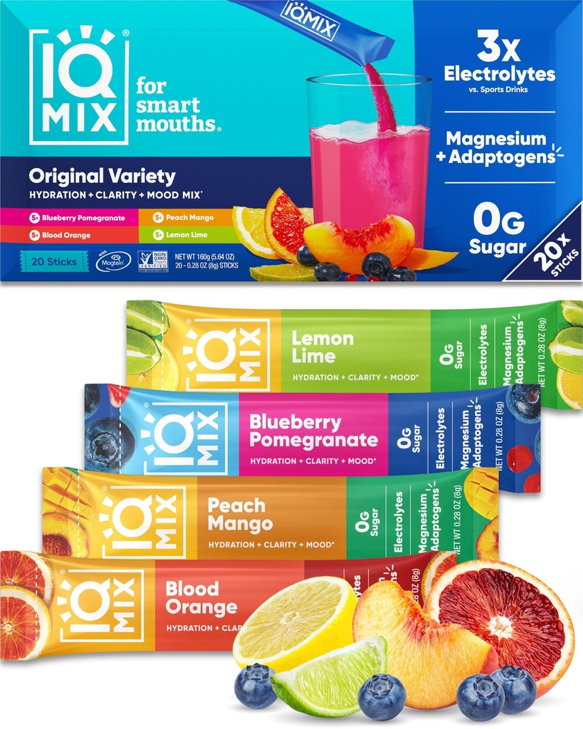 IQMIX Hydration Electrolyte Powder – Fórmula 4 em 1 para hidratação, clareza mental, humor e recuperação – Mistura de bebida sem açúcar, Keto, Magnésio L-Threonato, Mane Leão – 20 Count Variety Pack