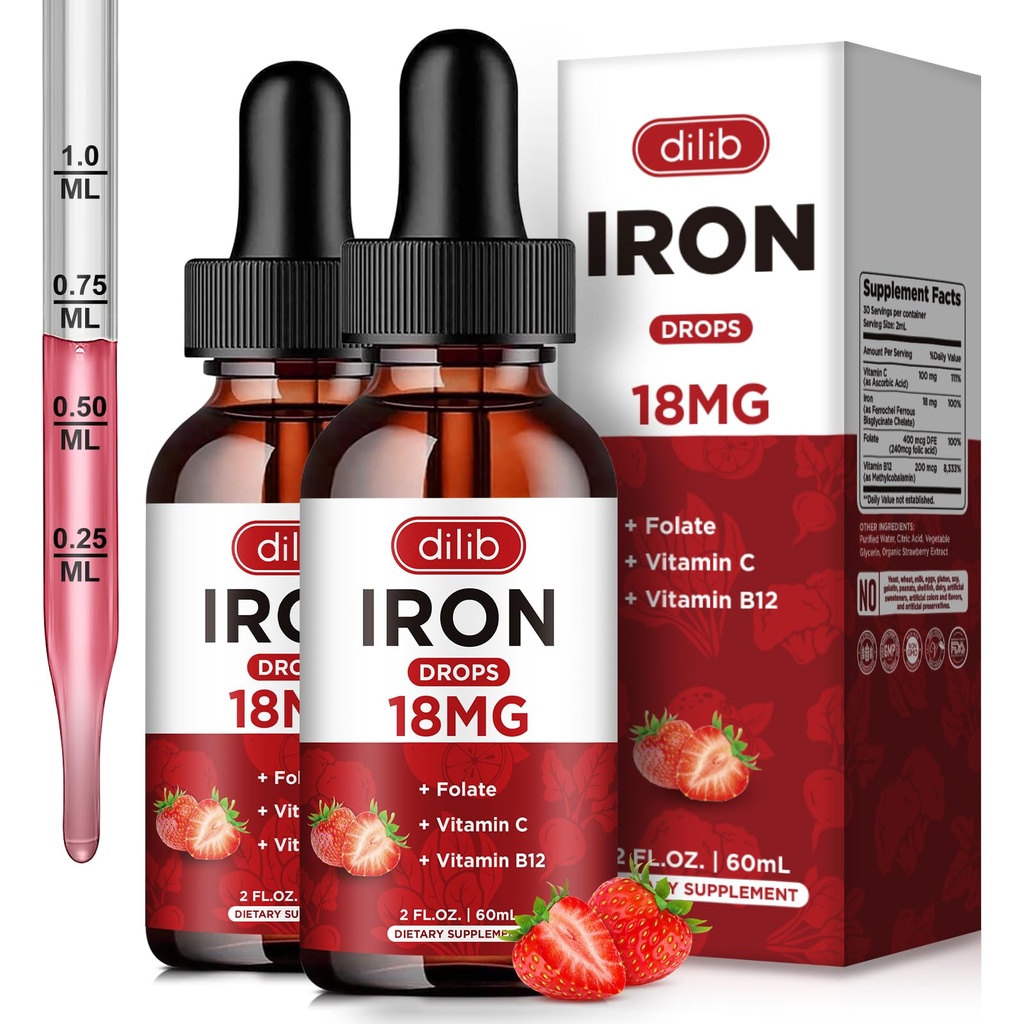 (2 Pack) Suplemento de ferro líquido para mulheres e homens Gotas de ferro Suplementos de ferro para anemia com folato, vitamina C, B12 para o suporte de células sanguíneas vermelhas-Strawberry, 4 Fl Oz
